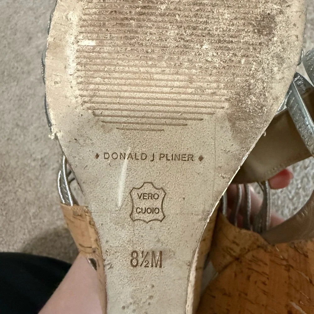 Donald J Pliner Silver Strappy Cork Wedge Sandals 8.5M